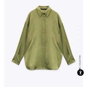 ZARA oversized satin effects button down green olive shirt dress